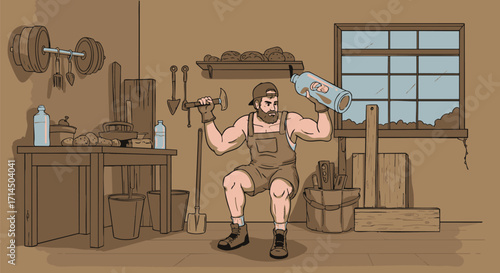 Man with beard in overalls lifting weights in a workshop with tools and a window