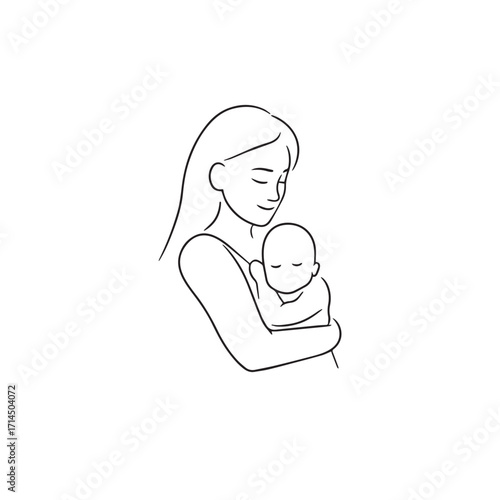 Black and white line art of a beautiful mother lovingly embracing her baby minimalist tender illustration