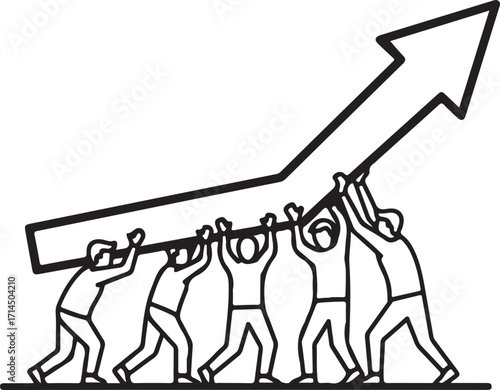 Team of People Lifting Upward Arrow Symbolizing Business Growth and Progress
