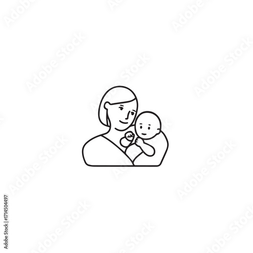 Black and white line art of a beautiful mother lovingly embracing her baby minimalist tender illustration
