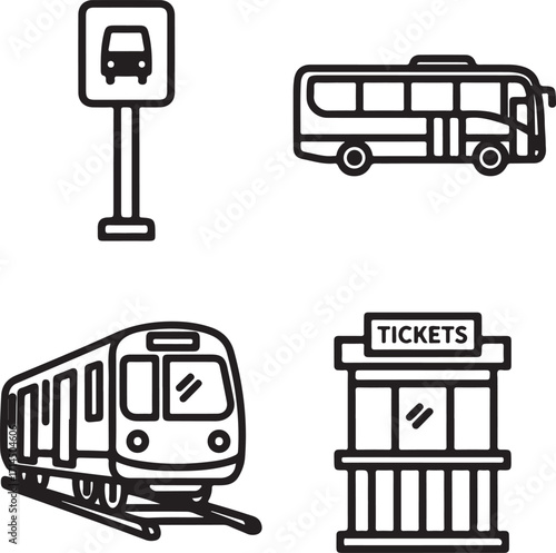 Public Transportation Icons Set with Bus, Train, Bus Stop, and Ticket Booth
