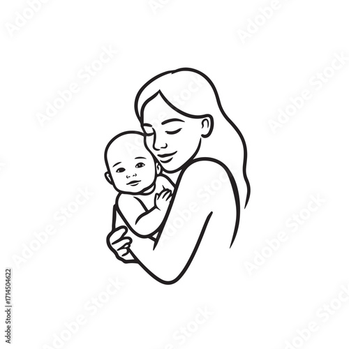 Black and white line art of a beautiful mother lovingly embracing her baby minimalist tender illustration