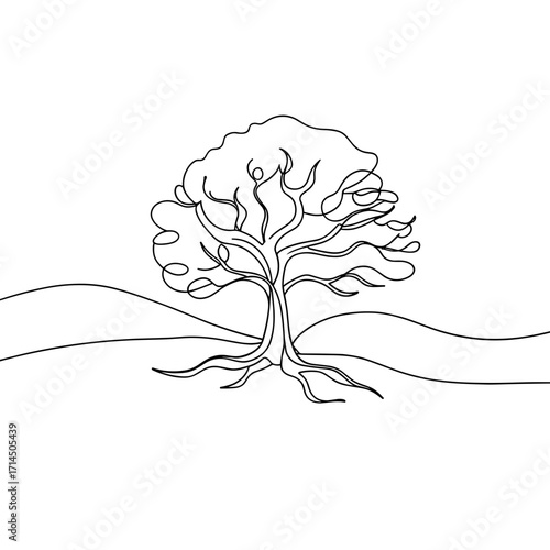 Minimalist line art of a tree with roots and branches  