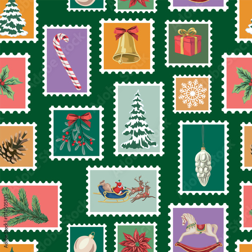 Santa Claus, candy cane, snowflake, fir branch, rocking horse, ball, Christmas tree, cone, mistletoe, golden bell in frame pattern. Merry Christmas, New Year postage stamp.