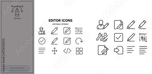 Set of editable icons for various design and editing functions in a minimalist style