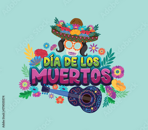 Day of the Dead Skull Illustration with Sombrero, Flowers, and Guitar