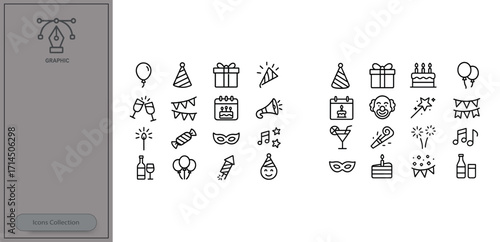 Collection of festive icons depicting celebratory events, party elements, and joyful occasions
