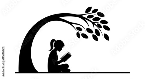 Black silhouette vector of a young girl reading a book peacefully under a large, arching, leafy tree. Education and nature concept.