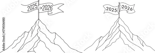 Mountain Peak with 2025 and 2026 Flags Symbolizing New Year Goals and Future Progress
