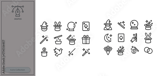 Magical icons including wands, hats, and cards represent the world of illusions and tricks in a playful design