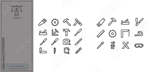 Collection of essential woodworking and construction tools displayed in a simple line art style