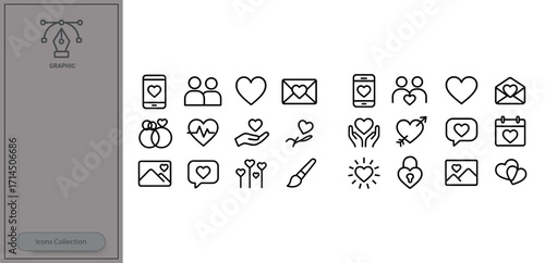 Various icons representing love and relationships with symbols of hearts, communication, and connection