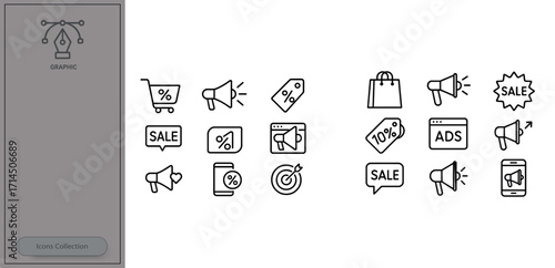 Collection of marketing icons showcasing sales promotions, advertisement strategies, and online shopping trends