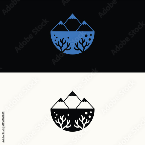 A minimalist logo design featuring a mountain range reflected in water, presented in two color variations for versatile branding and visual appeal, isolated on white background
