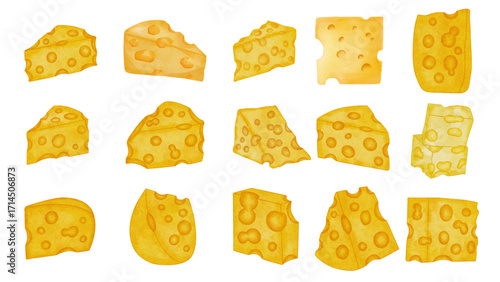 Diverse collection of appetizing cheese slices and blocks, presented as clean, vibrant vector illustrations for food design and culinary projects