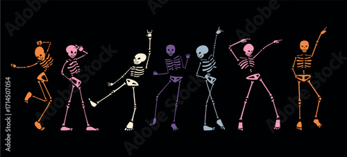 Halloween disco party skeletons dancing with funky vibe. Perfect for designers, event planners, and brands creating spooky festive posters, decorations, and party visuals.