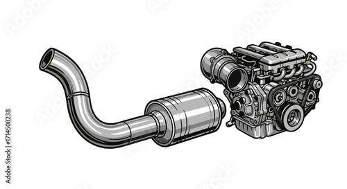 A black and white technical illustration of a car engine and a catalytic converter. A vector drawing of automotive powertrain and exhaust system components for repair or industry manuals.
