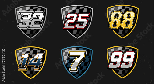 Championship racing number badges with gold and silver trim. A premium vector set of motorsport crests with a checkered background for league or event branding.