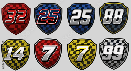 Racing number shield emblems with a checkered flag pattern. A vector set of badges for motorsport team logos, car club crests, and competition branding.