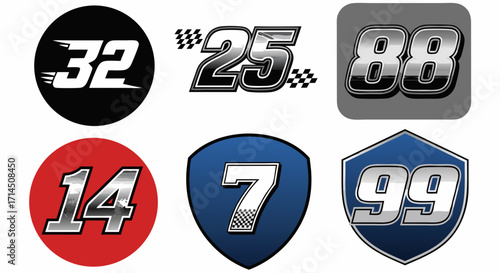 A set of stylized racing numbers with metallic and chrome effects. Vector typography collection for motorsport car decals, team logos, and sport-themed graphic design.