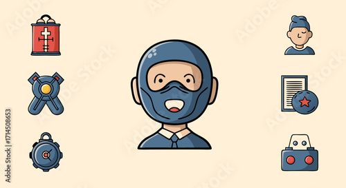 Cute cartoon icon set of a professional car racing driver and team. Editable vector illustrations of a racer character, pit crew, and motorsport equipment for web and print.