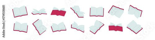 Flat 3D vector illustration of open books with burgundy cover and outline stroke. Isometric textbooks for education, study, reading, library and learning design