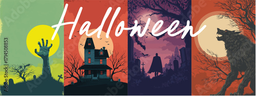 Flat vector halloween backgrounds with creepy halloween silhouettes