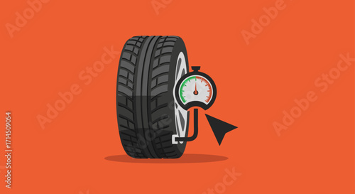 Vector illustration of a car wheel and a tire pressure gauge. A concept for automotive maintenance, vehicle repair services, and driving safety.