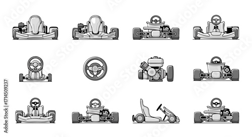 A set of clean and simple go-karting icons in a bold, monochrome style. This collection includes various karts, a driver, and individual parts like a steering wheel and engine.