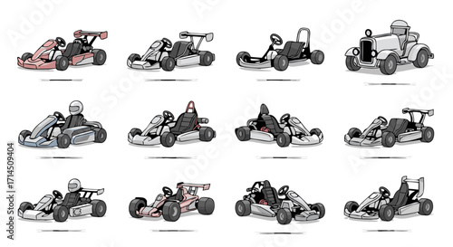 A technical illustration set showcasing a variety of go-kart models. This collection includes modern, basic, and vintage kart styles, presented in a clean drawing format.