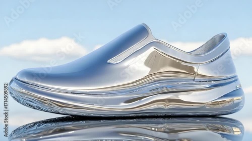 A shiny silver slip-on sneaker with a thick transparent air-cushion sole on a reflective surface.