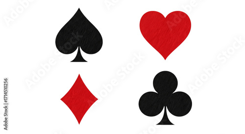 Four iconic playing card suit symbols spades hearts diamonds clubs in red and black colors on a clean white background