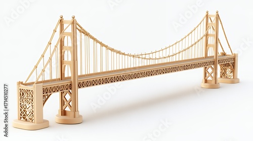Detailed Wooden Model of a Suspension Bridge on White Background