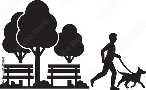 Silhouette of a person walking a dog in front of a house with trees in the background illustration created with generated ai