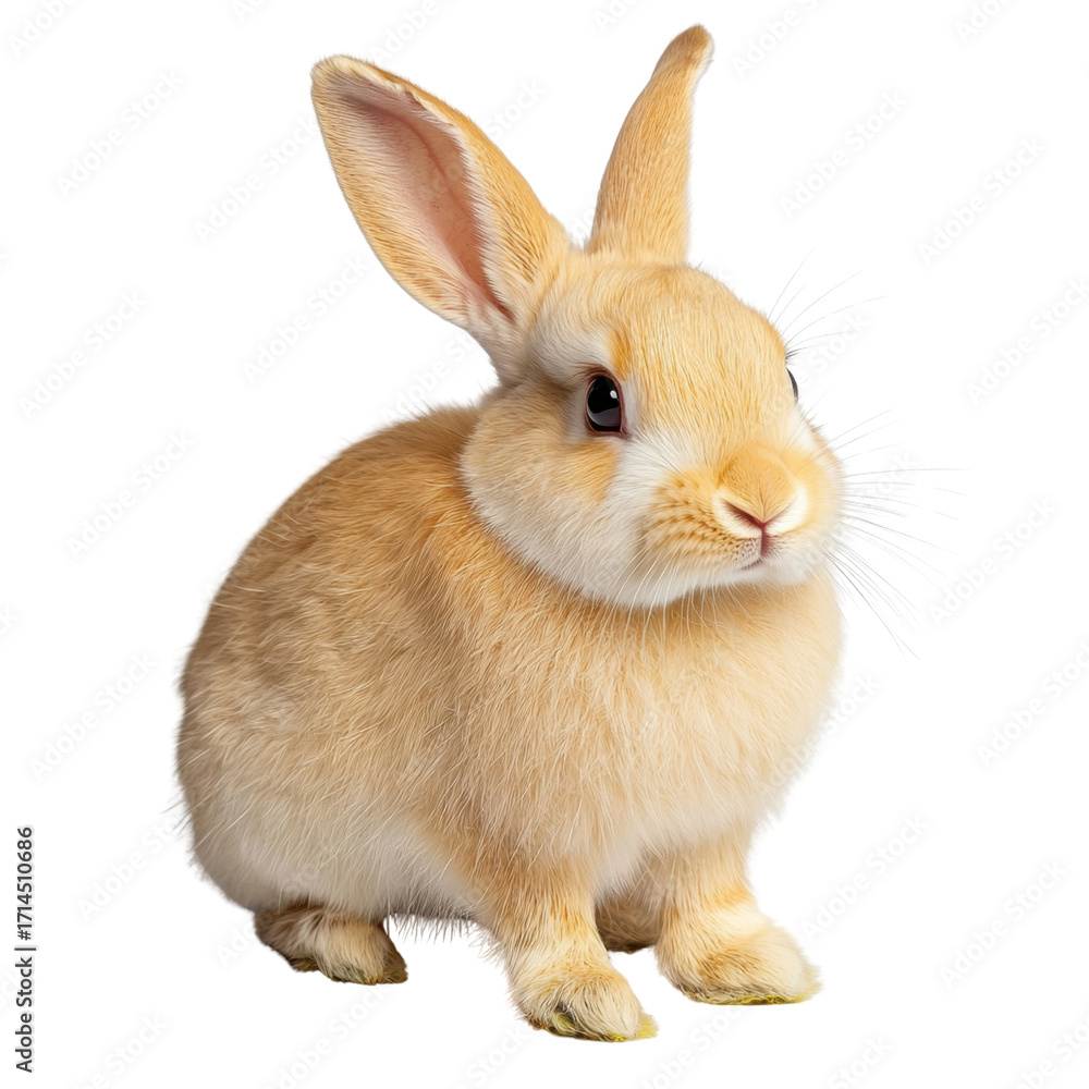 Obraz premium Cute Fluffy Bunny Rabbit Sitting on White Background with Bright Eyes and Soft Fur Looking Curiously at the Camera transparent background