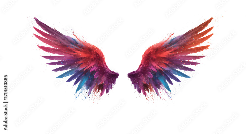 Fototapeta premium Vibrant Angel Wings Art - Colorful Feathered Wings Abstract Design png clear alpha channel cutout isolated on transparent background