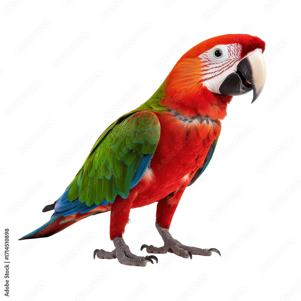 Naklejka premium Vibrant Scarlet Macaw with Bright Red, Green, and Blue Feathers Perched Gracefully Against a White Background transparent background