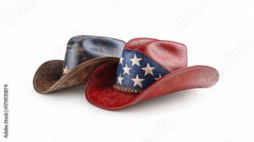 Distressed Brown and Red Cowboy Hats with American Flag Design on White Background