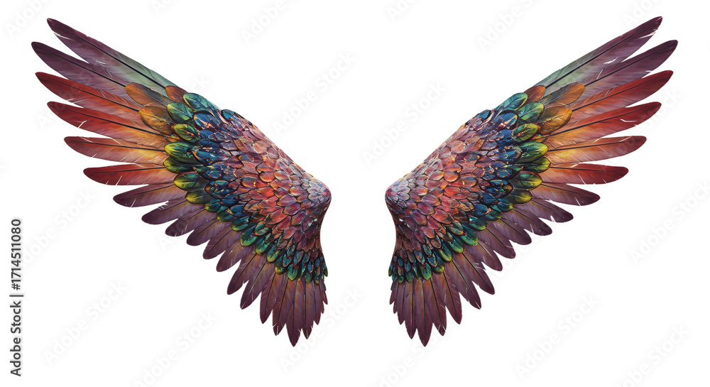 Obraz premium Vibrant Angel Wings with Colorful Feathers png clear alpha channel cutout isolated on transparent background