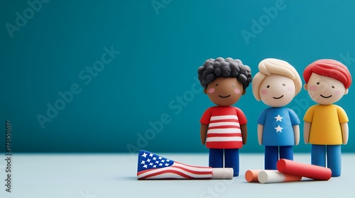 Diverse Clay Figurines with American Flag and Crayons