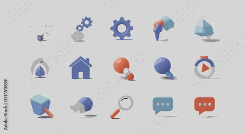 A collection of web and business icons with a soft, 3D clay effect. Each symbol is rendered with a matte texture and subtle shadows, giving them a modern, volumetric look.