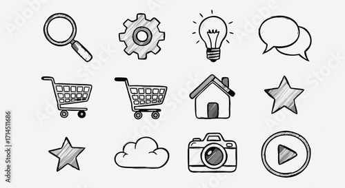 A collection of web icons with a rough, sketchy texture. Each symbol features pencil-like shading, giving this hand-drawn vector set an artistic and organic appearance.