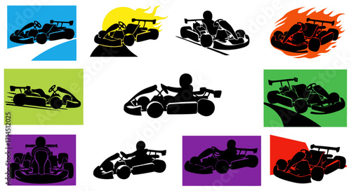 A vector set of high-action motorsport scenes. Features groups of go-karts and formula cars racing together, rendered in a dynamic, painterly style with abstract backgrounds.