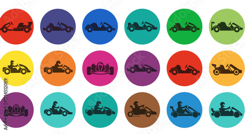 A vector icon set illustrating the evolution of motorsport. This collection includes silhouettes of vintage cars, modern formula racers, and go-karts inside colorful circles.