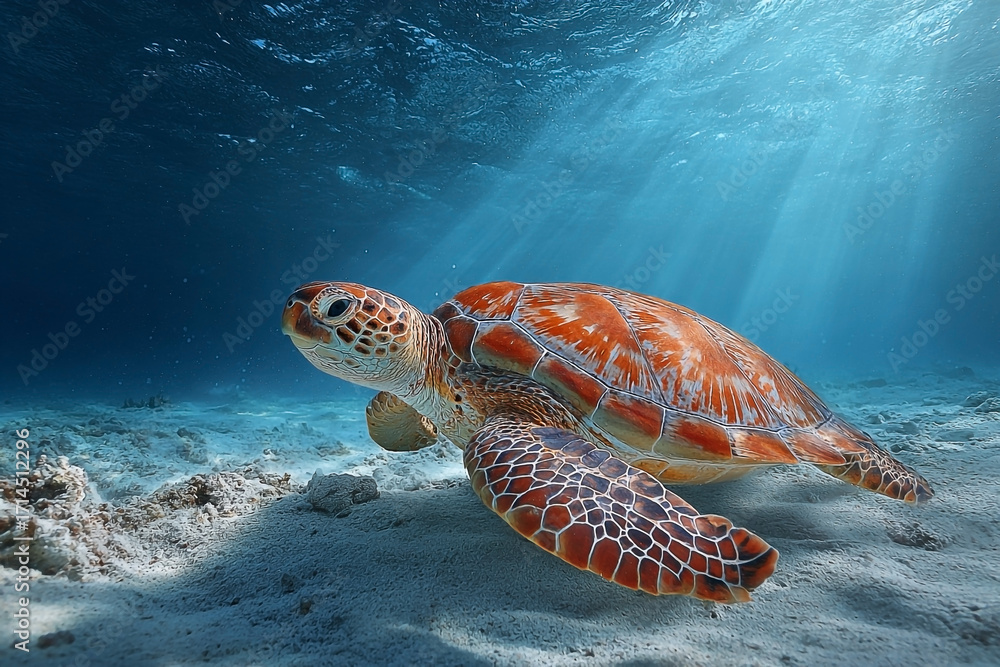 Fototapeta premium Tranquil underwater scene featuring a sea turtle gracefully swimming