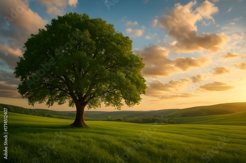 Golden Sunset on a Lush Green Field with a Lone Oak Tree