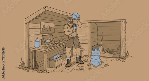 Thirsty Man Refreshing Himself With Water From a Gallon Jug Inside Shed