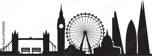 London skyline silhouette with iconic landmarks and tower bridge against white background
