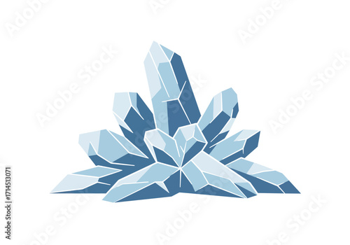 A cluster of ice blue crystals with sharp edges and facets set against a stark white backdrop