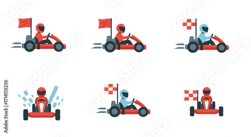 A cartoon go-kart racer holds up a gold trophy, celebrating a first-place victory. A dynamic vector illustration of a motorsport champion's success, isolated on white.
